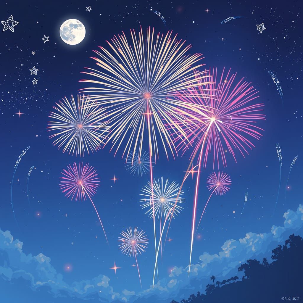 Anime Fireworks Display Under Moonlight