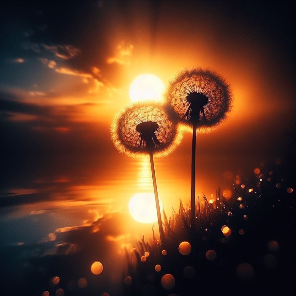 Silhouette of dandelions at sunset