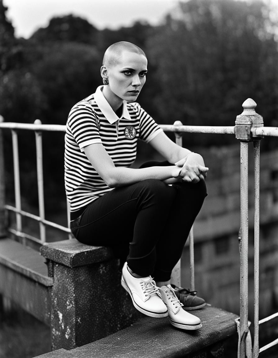 a skinhead woman sitting on a railing, a portrait, by Julia ...