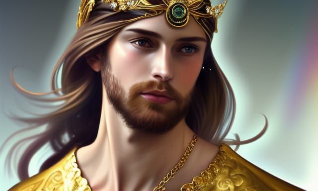 Royal regal Angelic males model long hair gold accessories a...