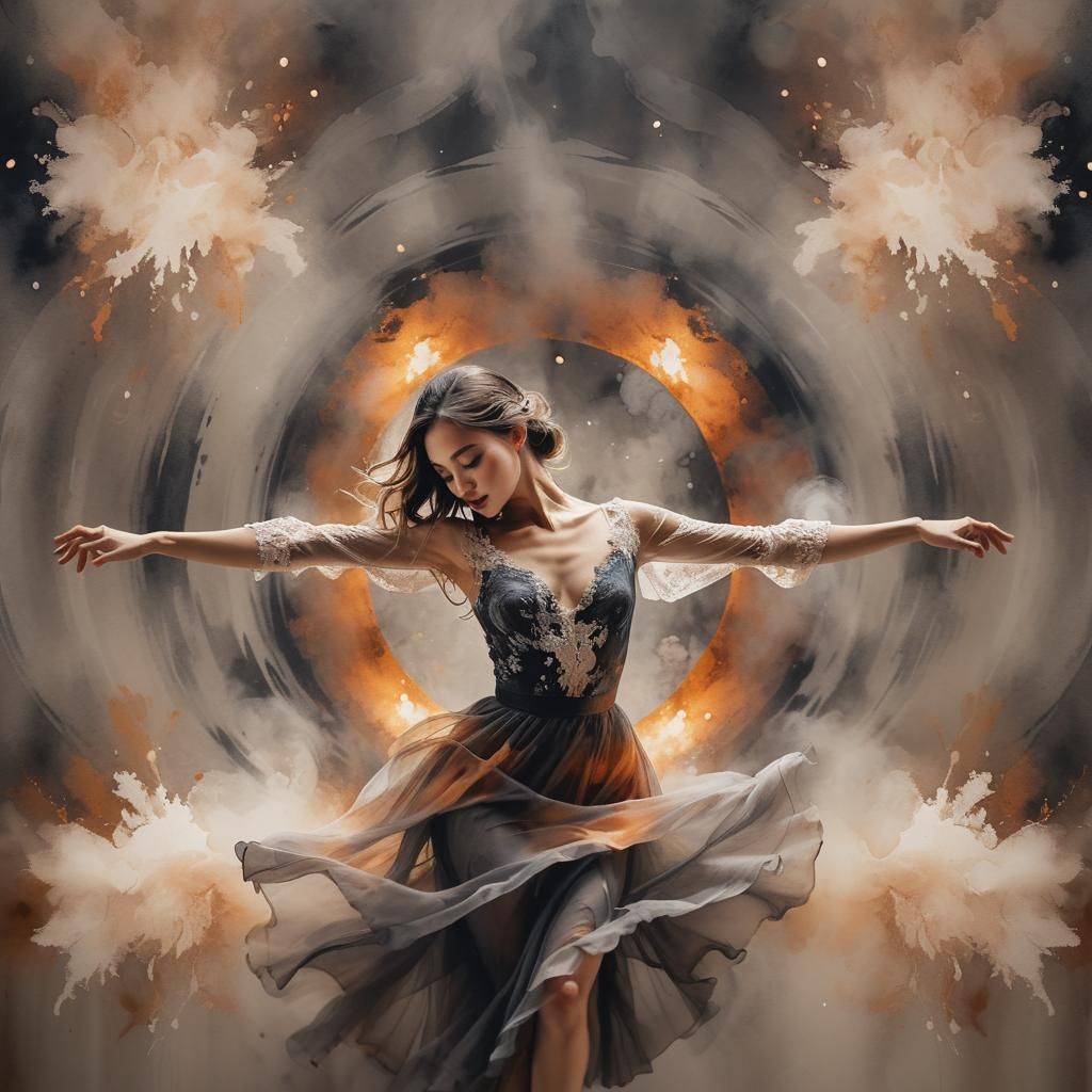 Ink Splatter Art. Close-up. Elegant dancer in flowing dress, arms outstretched, in a dimly lit, smoke-filled room. Dynamic lighting. Express...