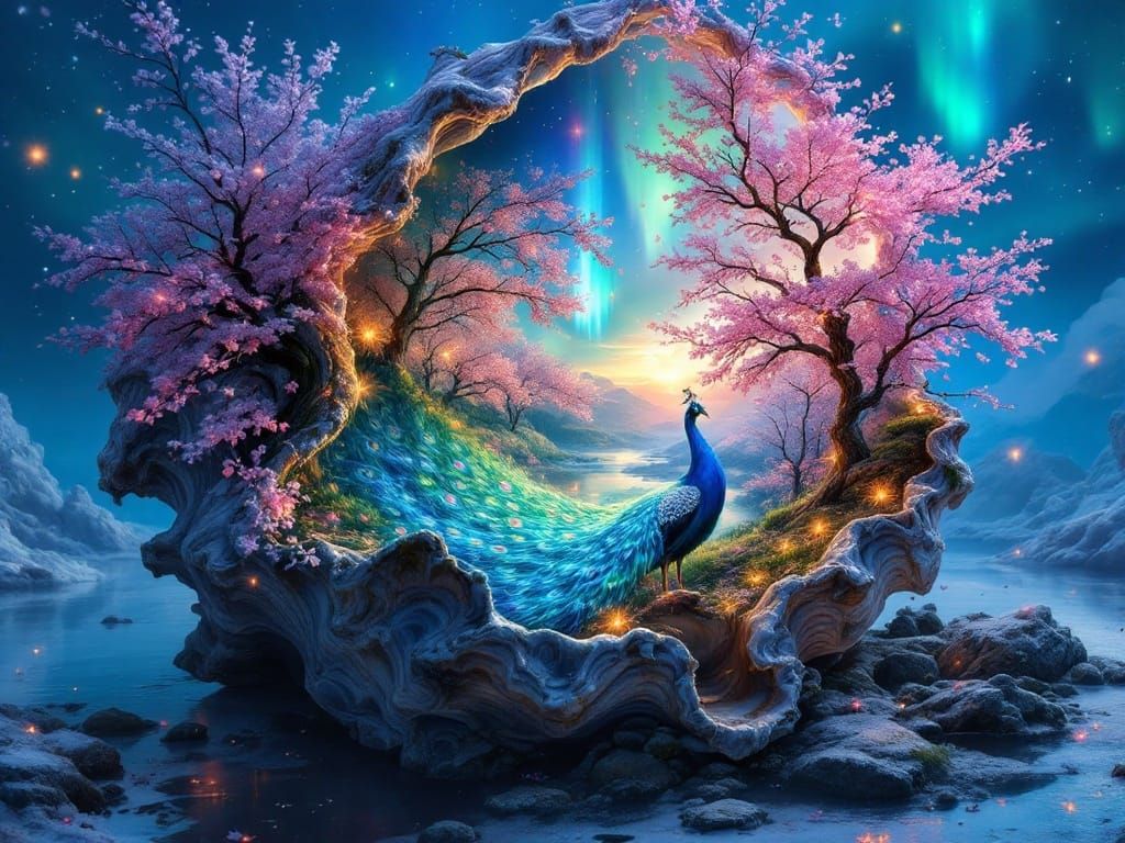 an incredibly beautiful seashell, which has a multidimensional beautiful picture of an incredibly beautiful Peacock show...