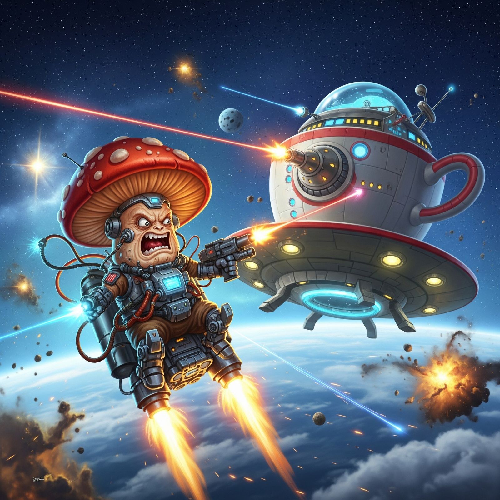 Crazy Cyborg Mushroom Vs The Flying (Cup and) Saucer.