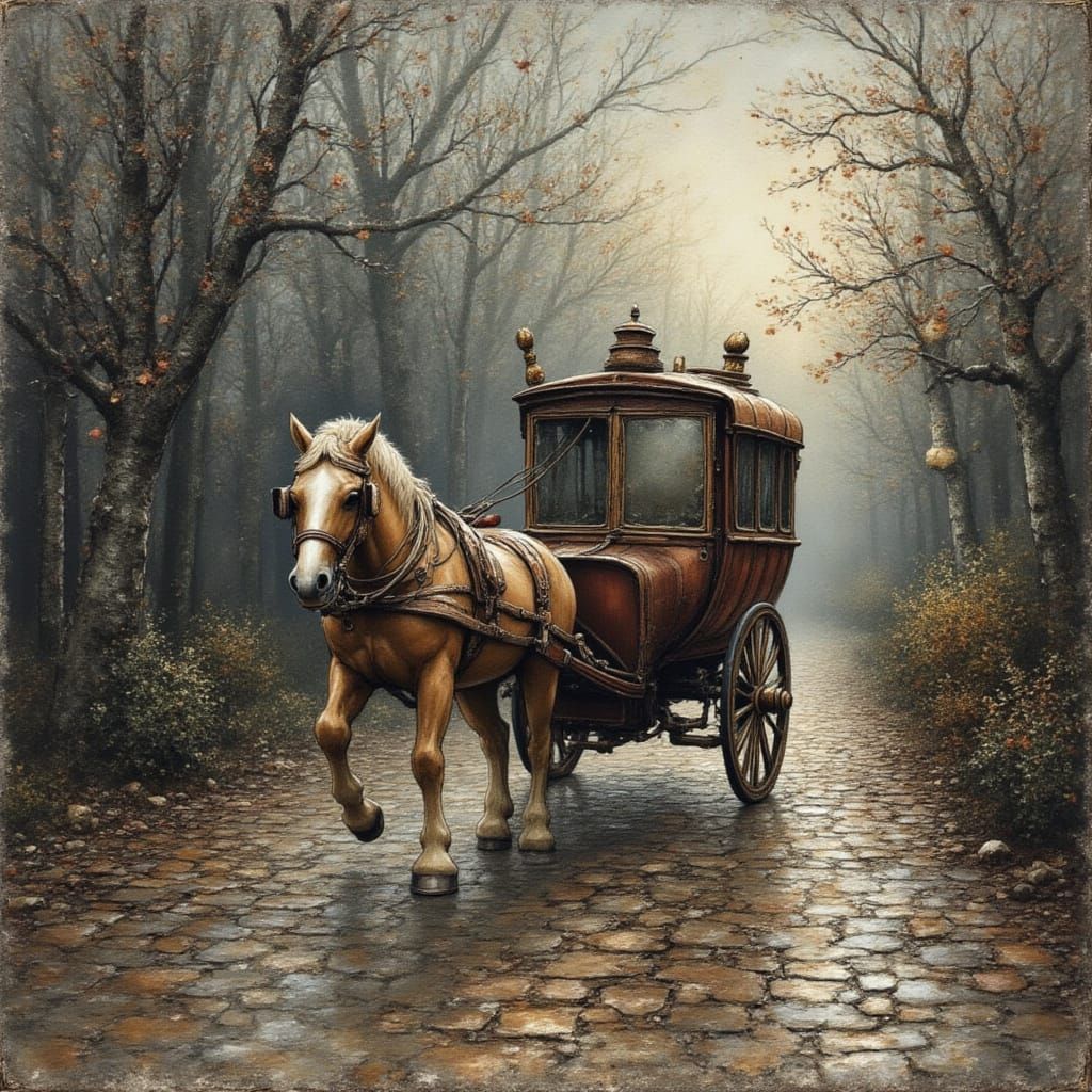 <lora:bildraum:1.0> a horse and covered carriage on a wet village road. the wet surface gleams with silver. Medium shot. alcohol Ink, cracke...