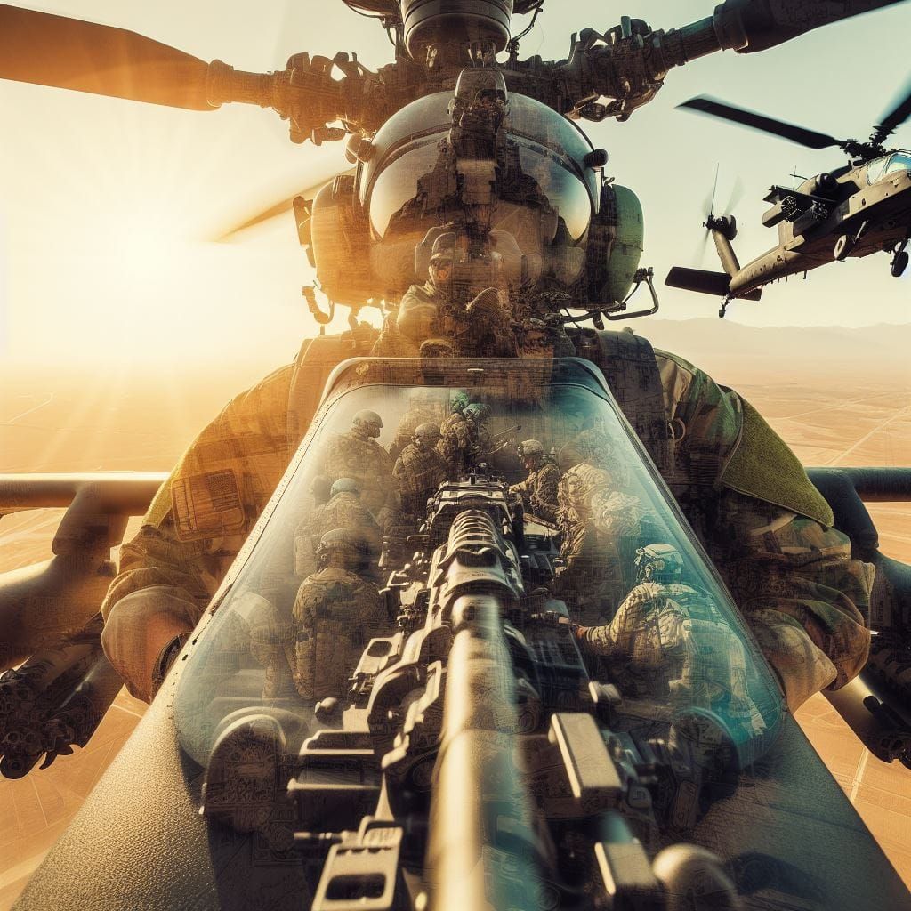 double exposure style of point of view::door gunner on an apache helicopter