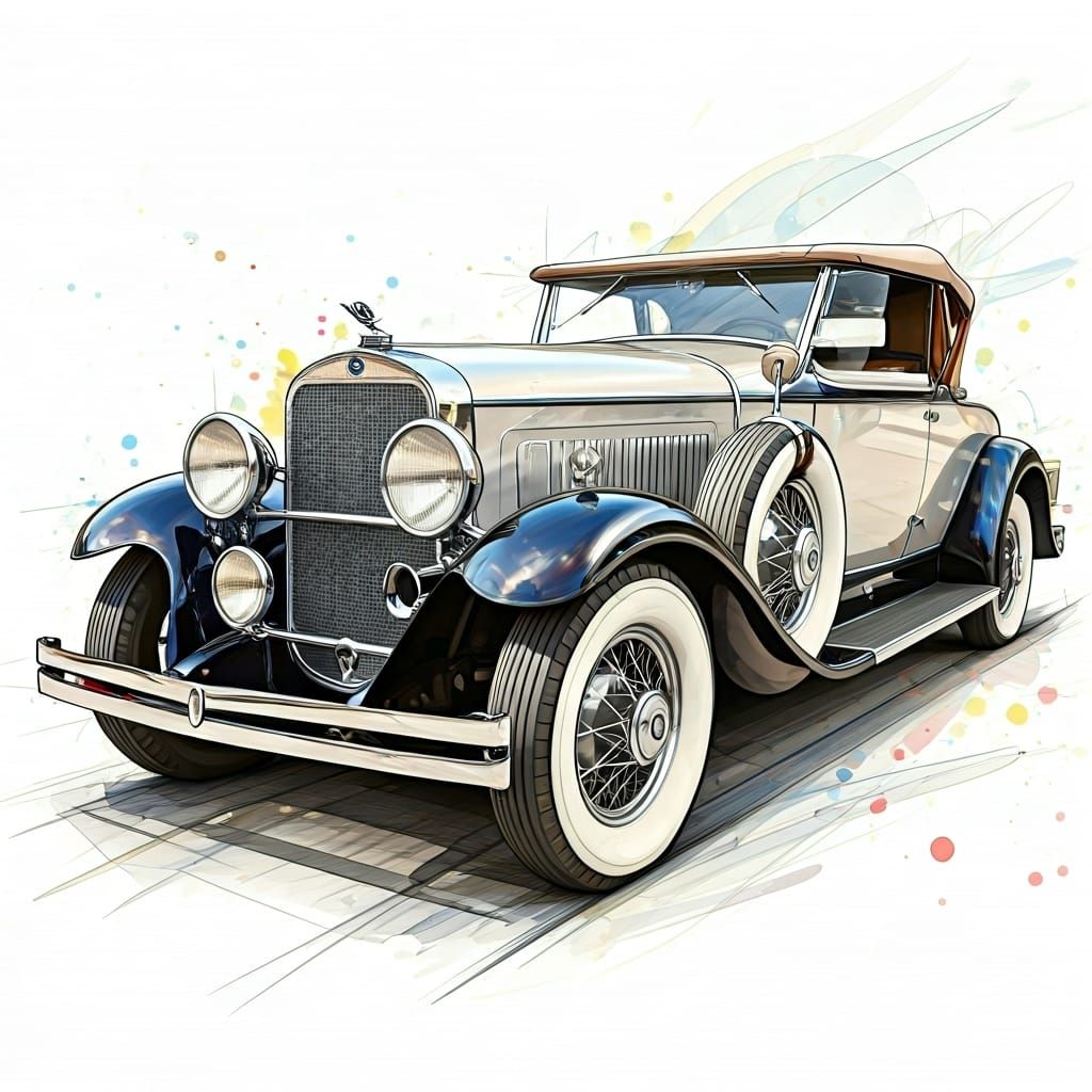 A pencil drawing of a 1920s Lincoln L series Cabriolet luxury convertible  by @Jilldon