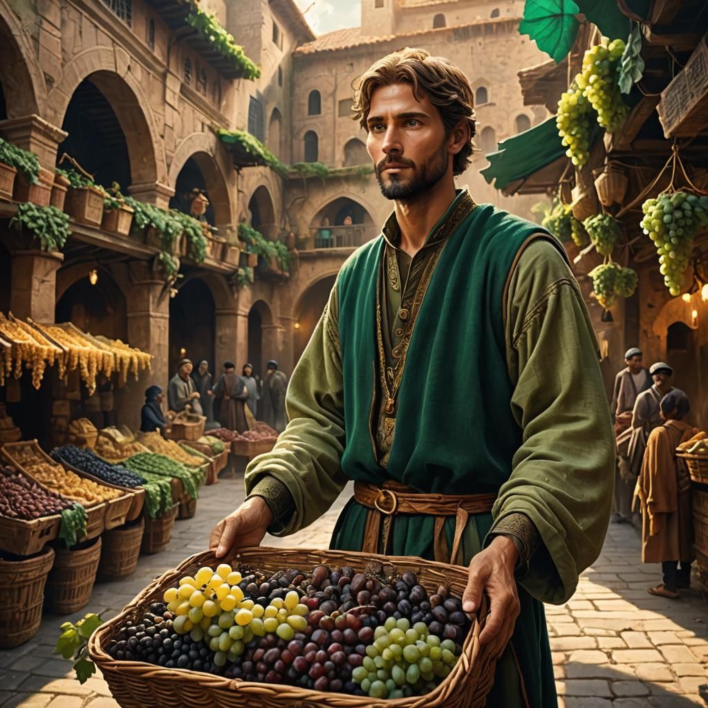 Mystical Marketplace Man with Grapes: Fantasy Art