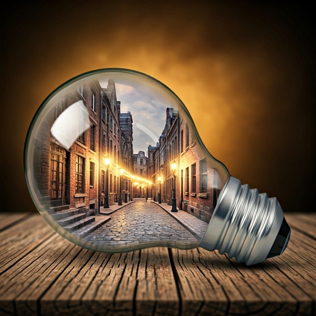 Image is a surreal digital artwork featuring a large, transparent light bulb placed diagonally on a wooden ...  by @BINA