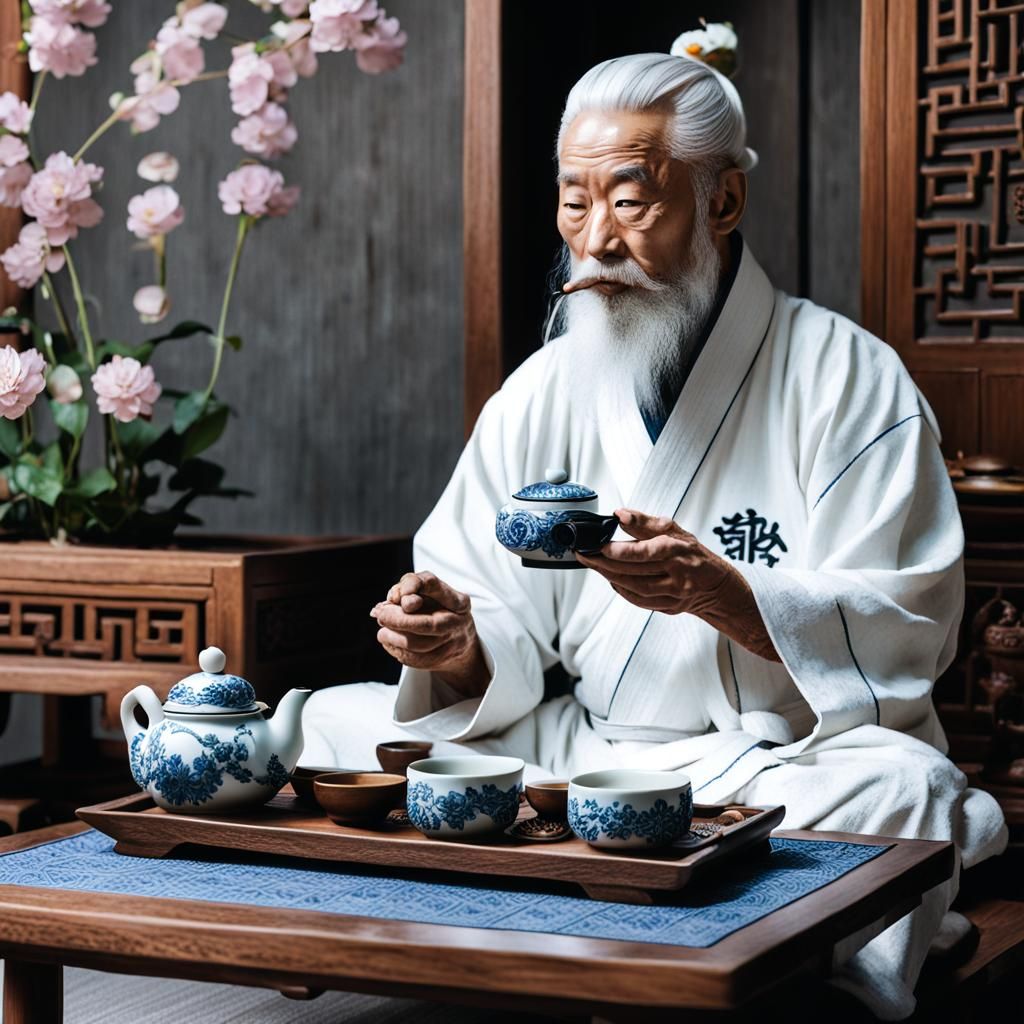 Chinese Tea Ceremony with White-Robed Elder