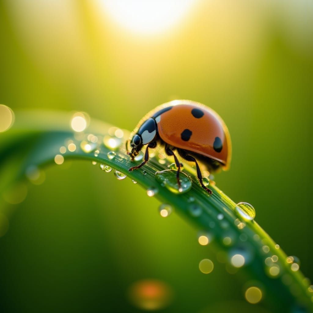 Close-up photo, magnified 10 times, clear details of a ladybug, on a blade of grass, dew drops, bright sunlight, small rays of sunlight, nat...