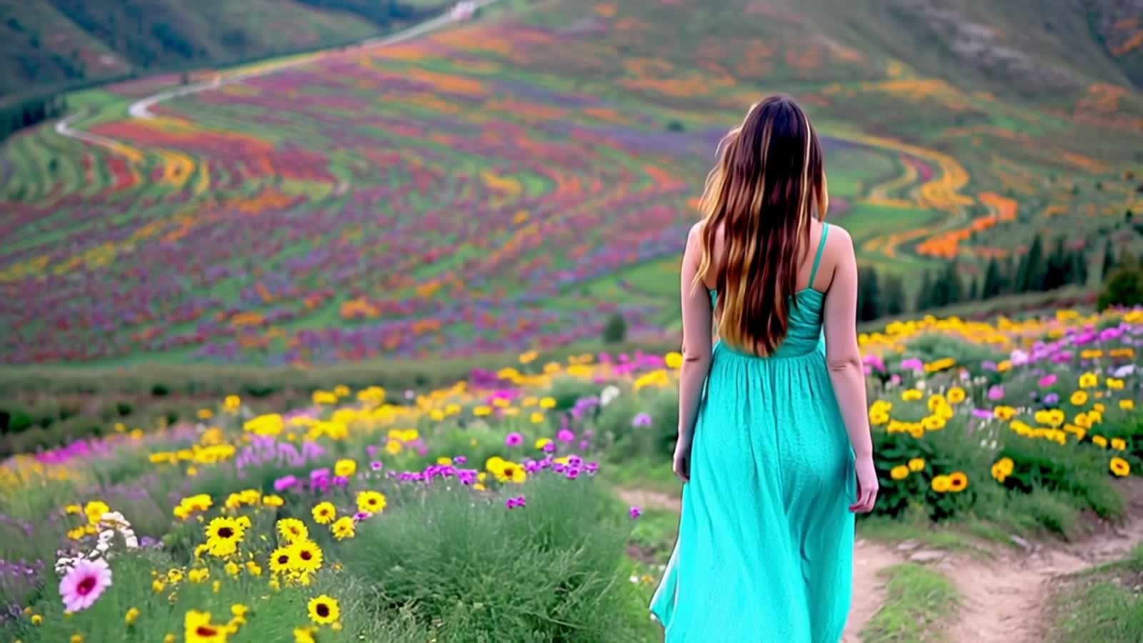 A woman walks away from camera a few steps.  She stops and gazes at the beautiful landscape. Hair and dress blow in the ...