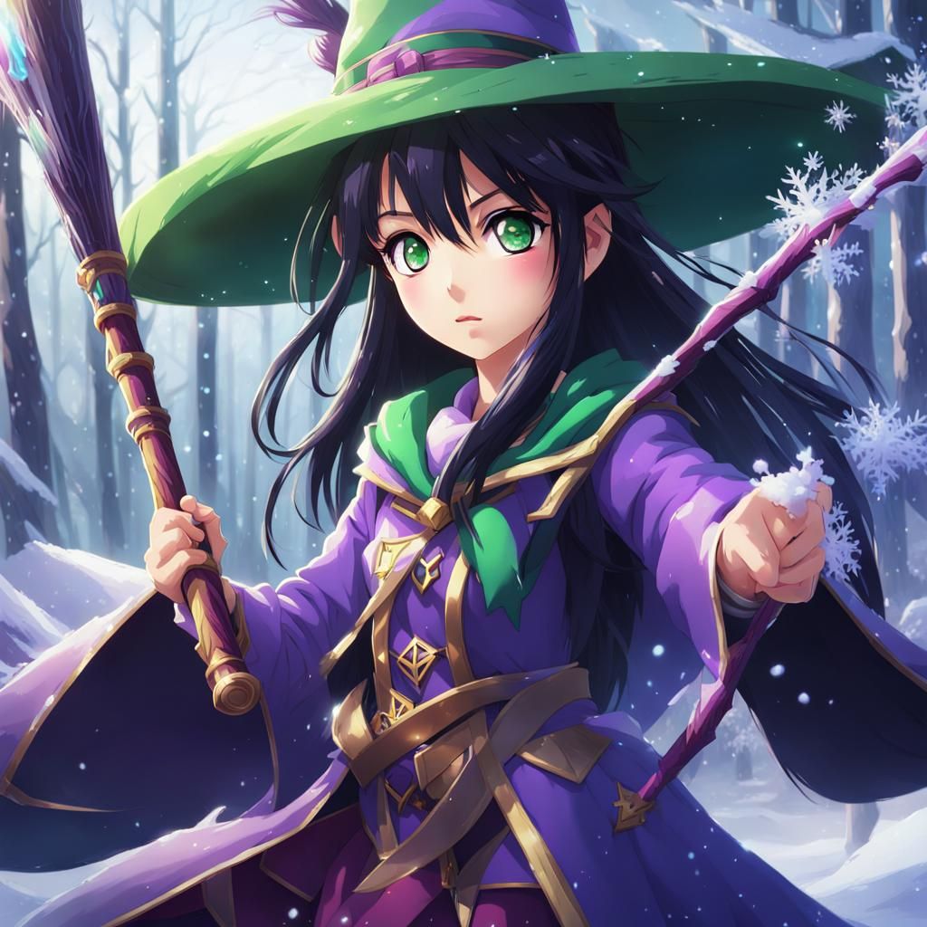 one young anime style, magician girl with walking magical wooden staff  casting a spell, the spell is starting to write itself magically in... - AI  Generated Artwork - NightCafe Creator