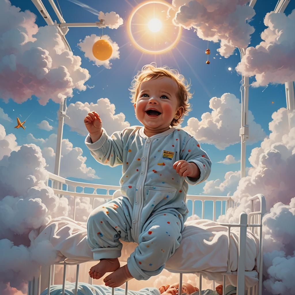 Newborn Baby in Hospital Crib Among Clouds