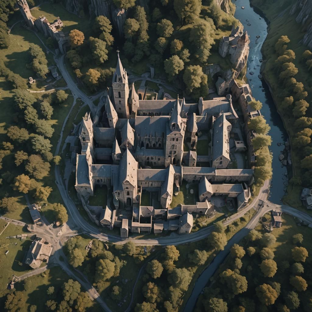 Hyperrealistic plan view of medieval town, a church, an inn,...