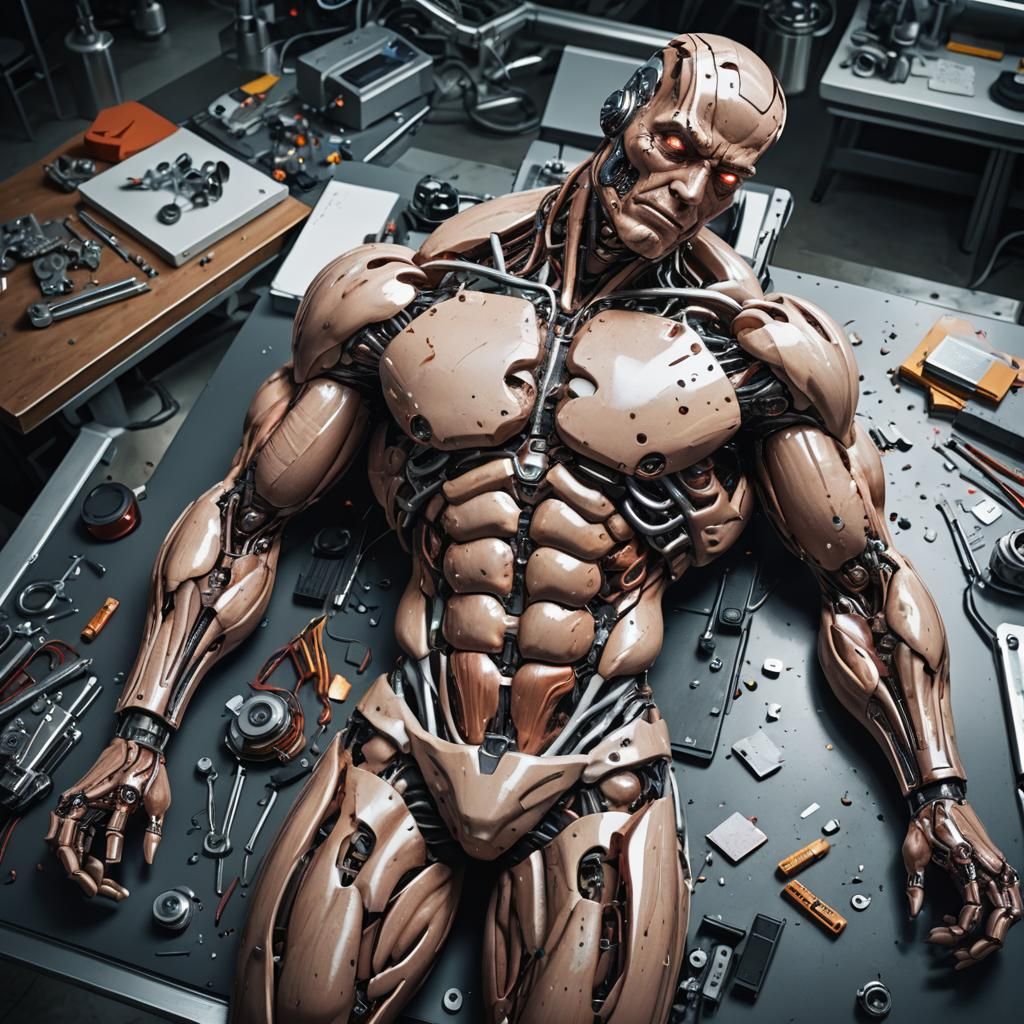 dissasembled Lifelike muscle daddy robot laying supine in pi...