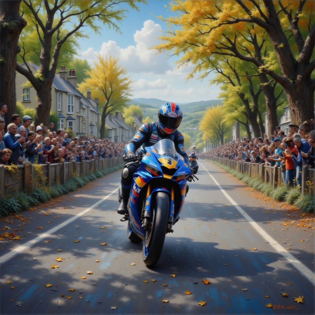 <lora:Motorcycle Racing:1.0> Painterly Motorcycle street racing in the Isle of Man through a tree lined road