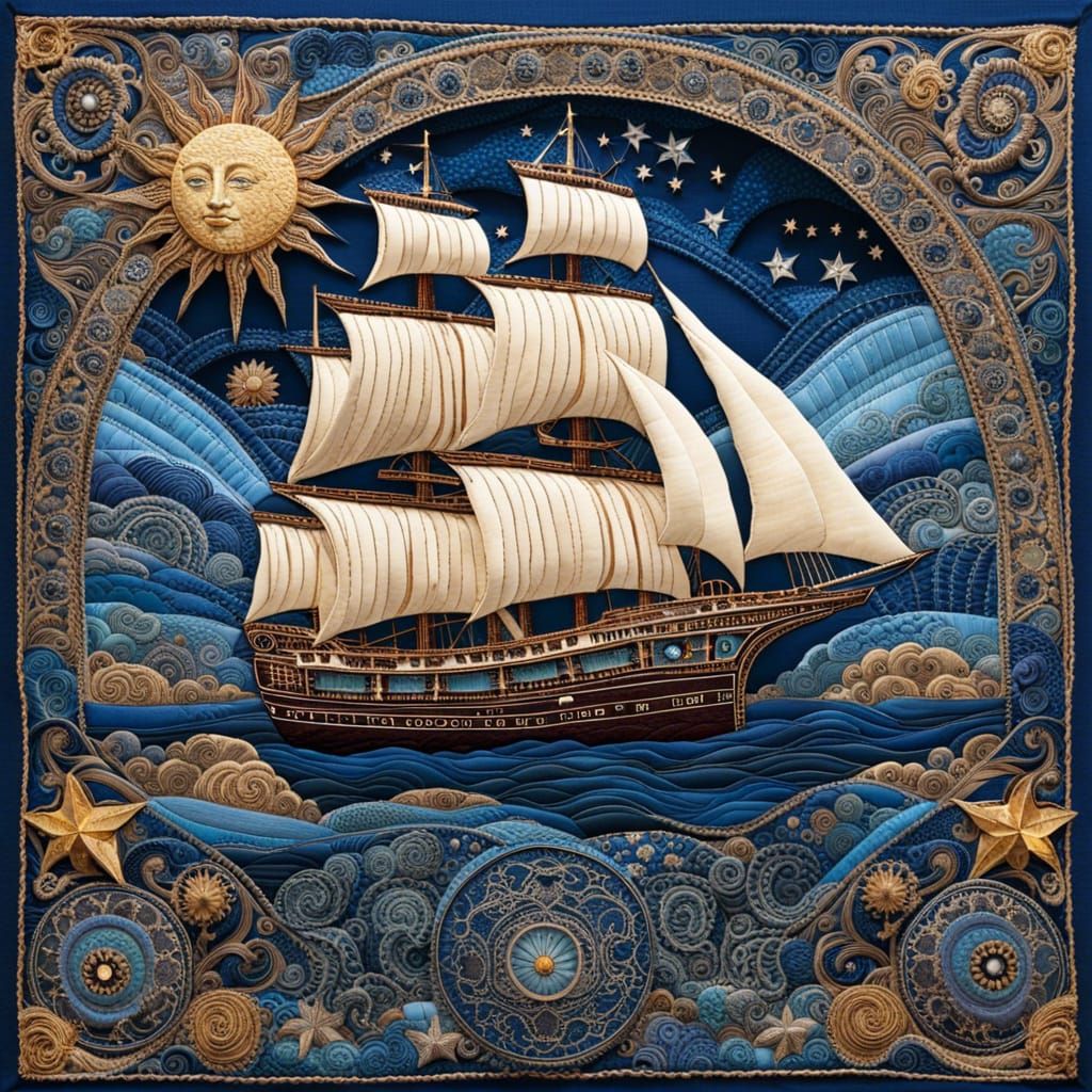sun, moon and stars with ship, as stunning patchwork art, beautiful blue fabrics, intricately detailed ...  by @Tina auf der Blumenwiese