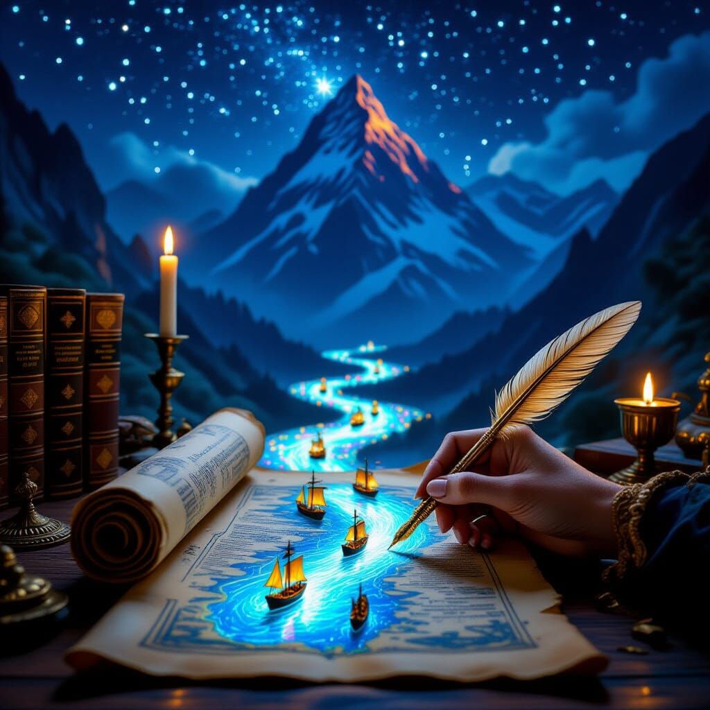 Image is a highly detailed digital artwork depicting a magical scene. A hand holds a golden quill pen, drawing on an ancient scroll. The scr...