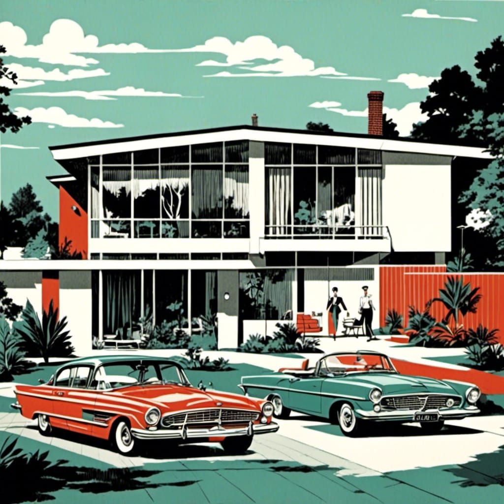  <lora:Mid century modern:1.0>.mid century modern illustration. Postcard from London, crisp sharp, high contrast.