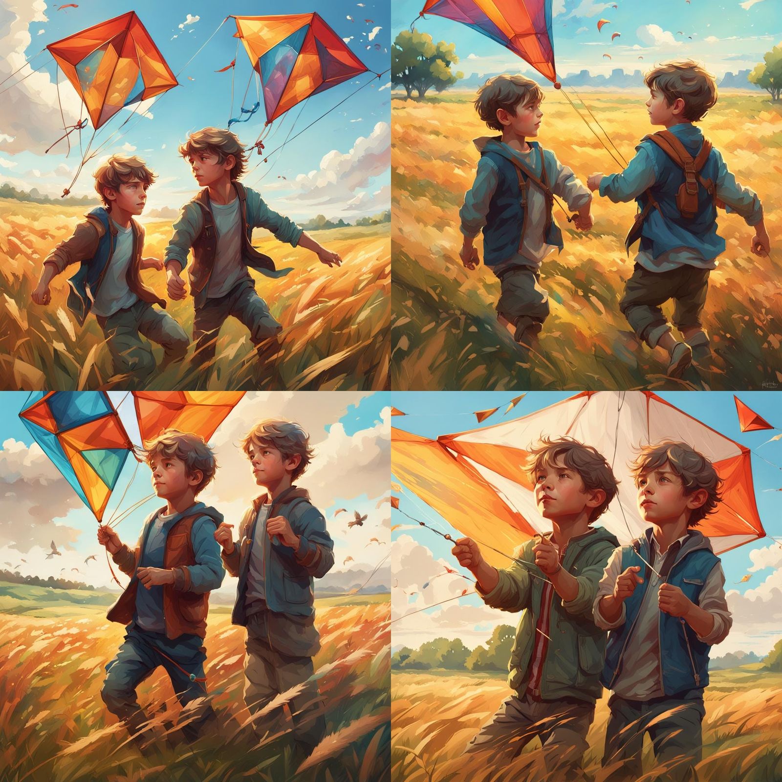 Twin boys playing with a kite in an open field
