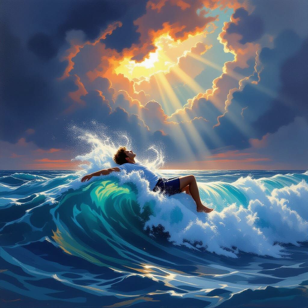 Man Surfing Giant Wave Under Stormy Skies