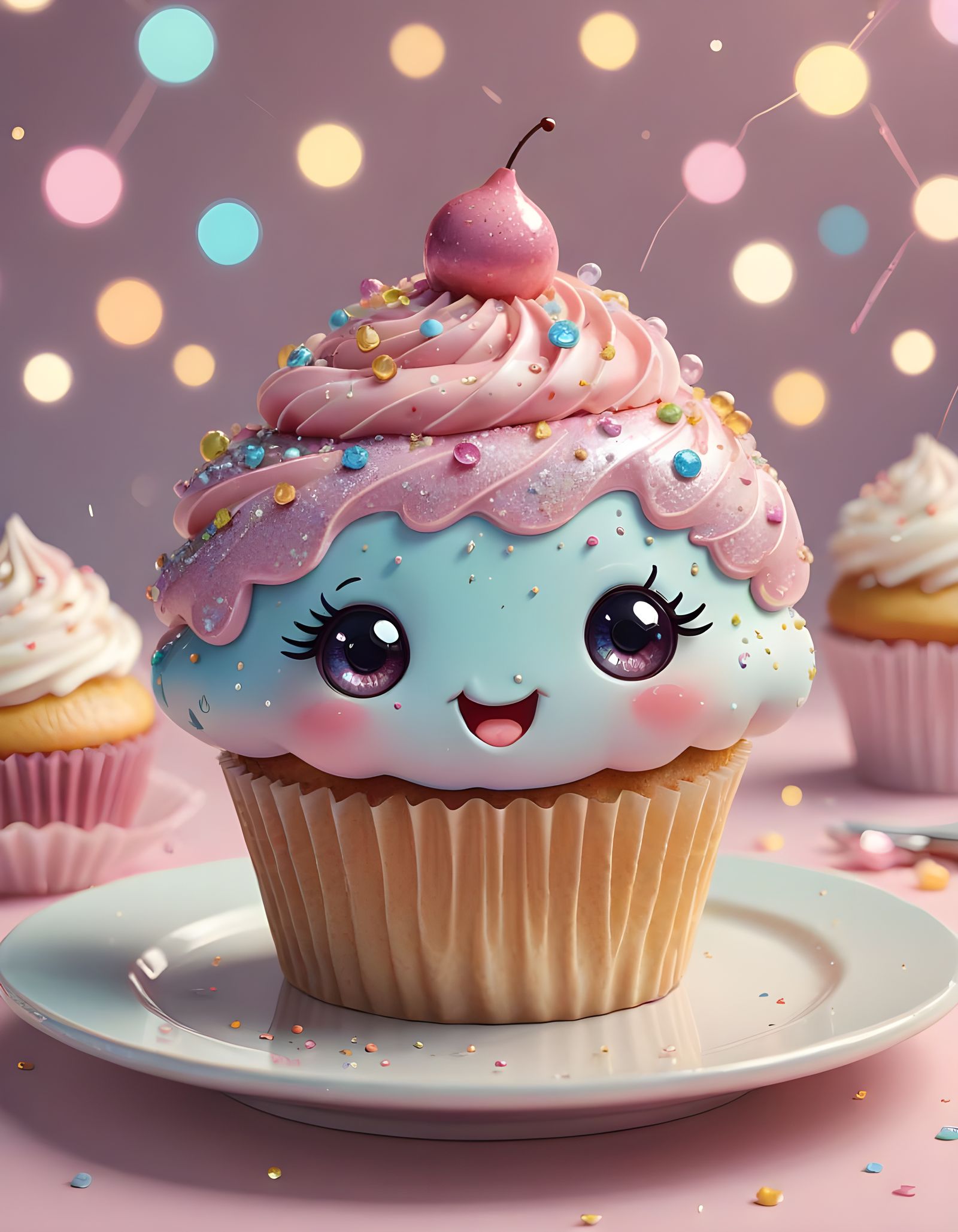 A happy little cupcake with a blushing face and sparkles all around sits on a plate.   by @Valmont