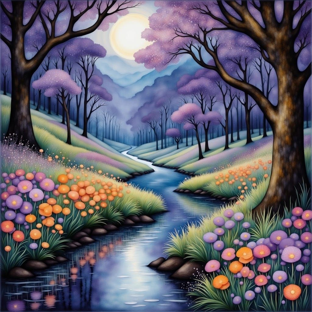 <lora:Liquid Ink Flux:1.0> Beautiful creek running through e...