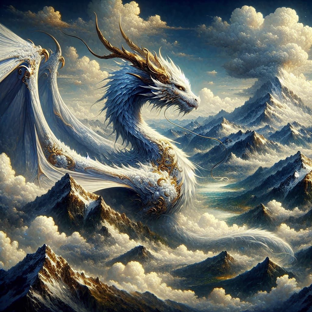 Majestic White Dragon Soaring Above Snowy Peaks