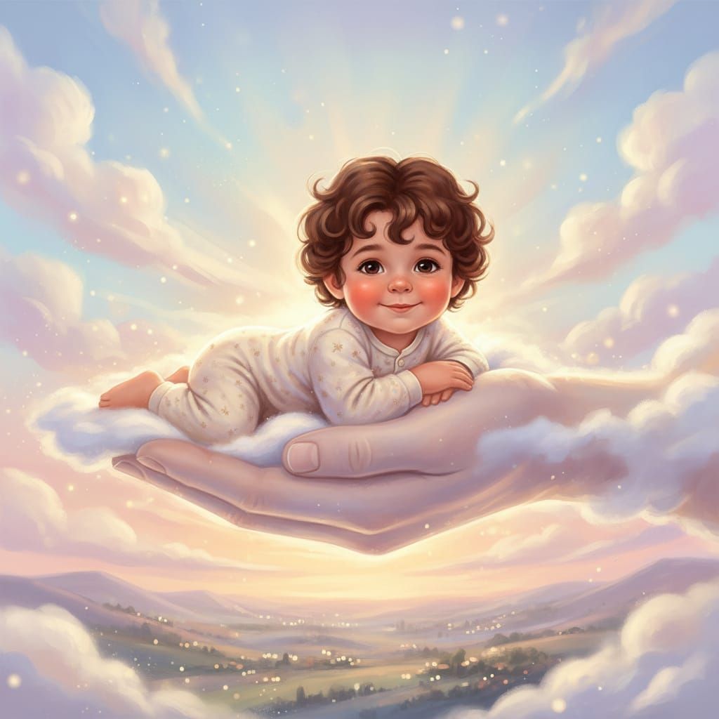 Cute Boy on Loving Cloud Hand in Whimsical Digital Painting