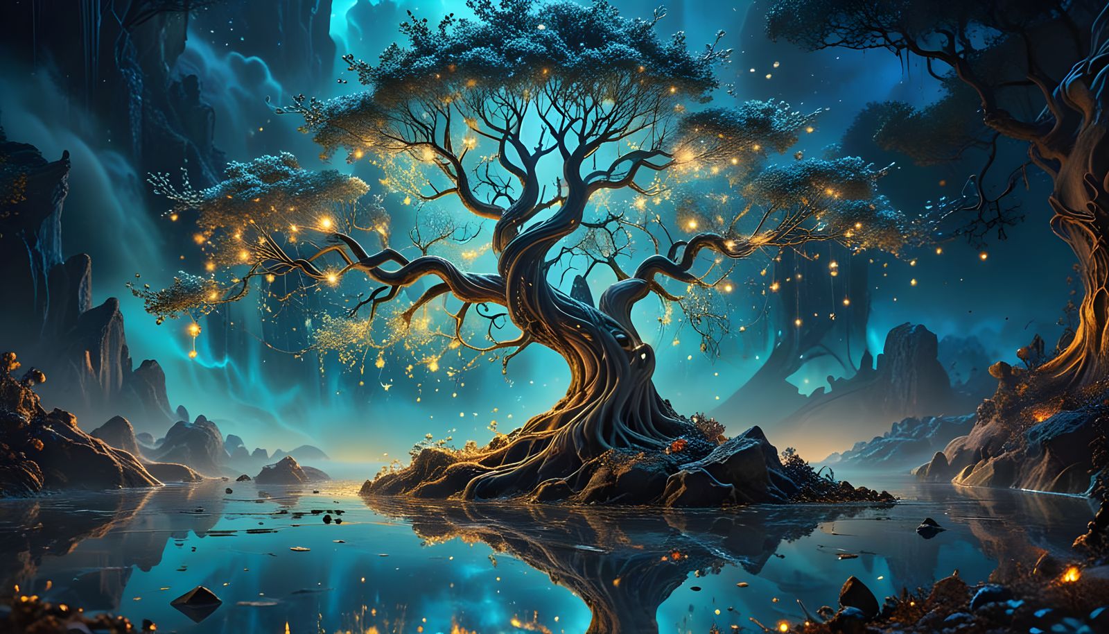 Illustration of a surreal tree with magical properties - glowing leaves crystals, floating roots or mystical ...  by @Ura