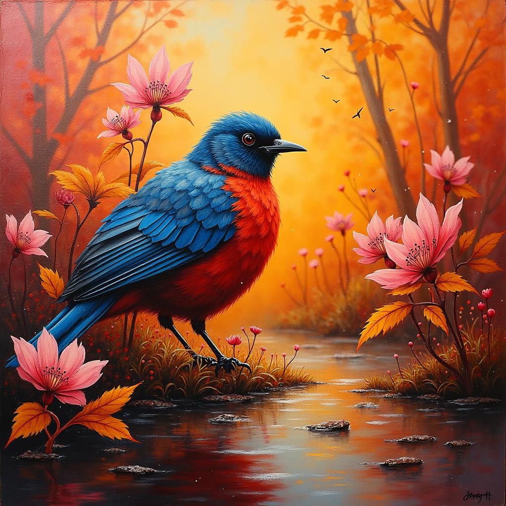 Vibrant Bird in Autumn Wetlands as Impasto Painting