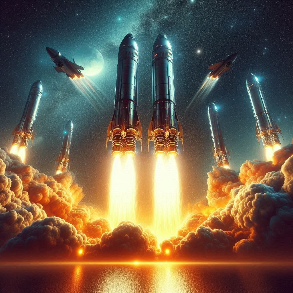 Rocket engines burning fuel so fast, up into the night sky they blast