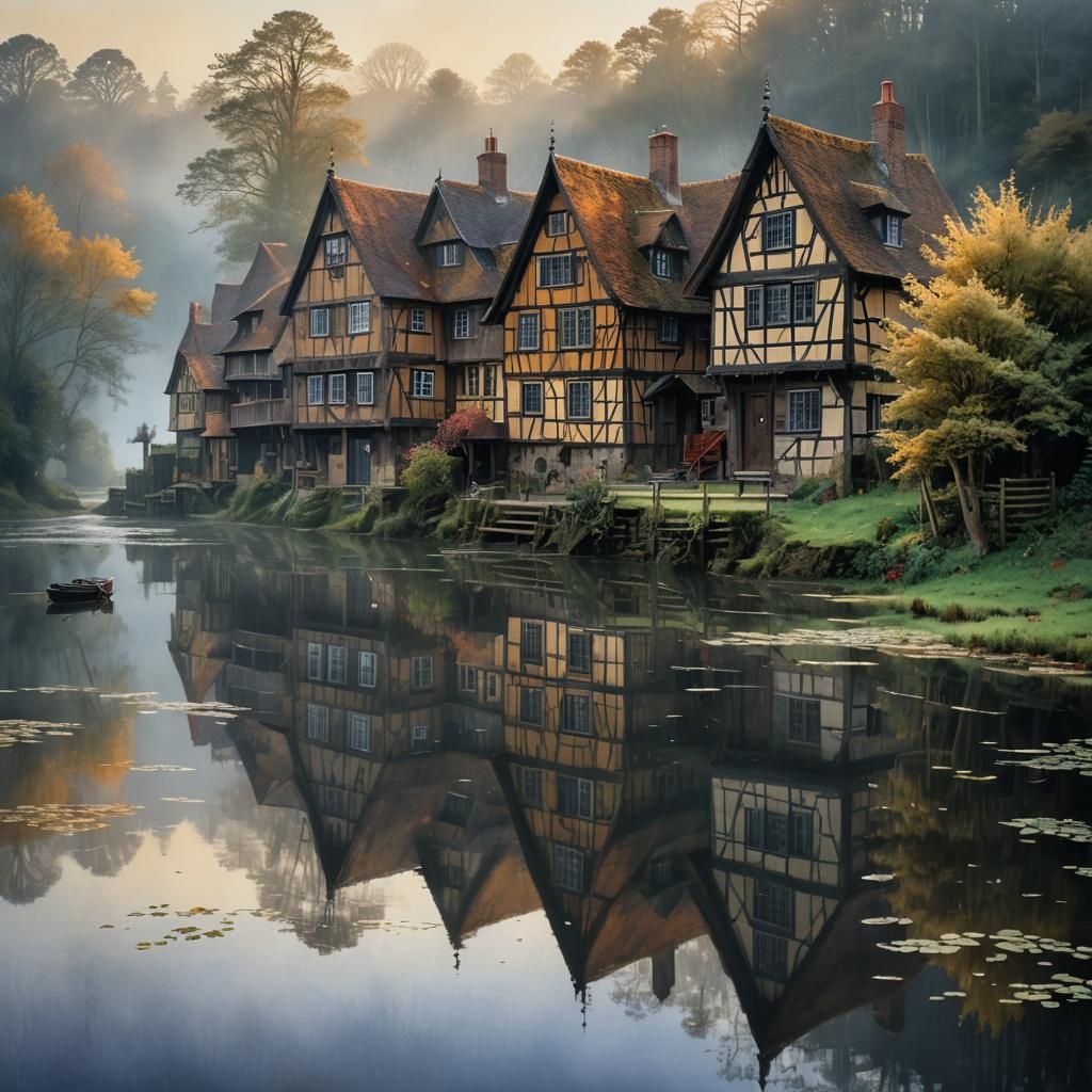 Half-timbered houses lie sleepily on a small lake, in the mo...