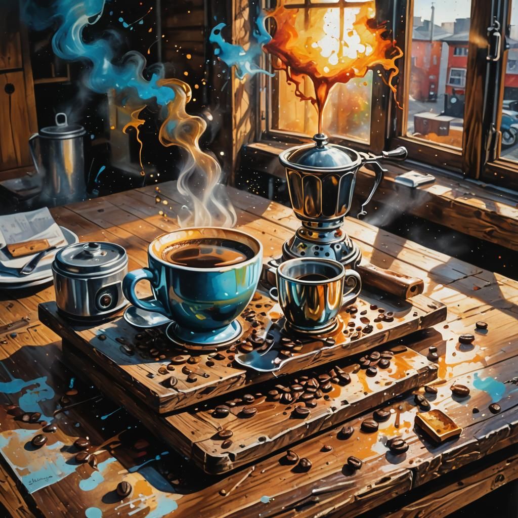 A steaming cup of coffee