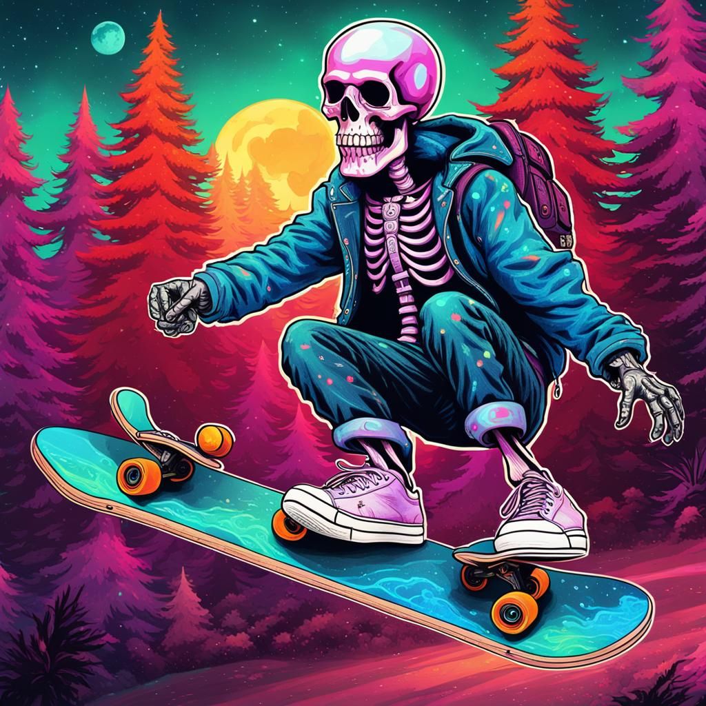 Punk Rock Skeleton Skateboarding in Astral Illustration