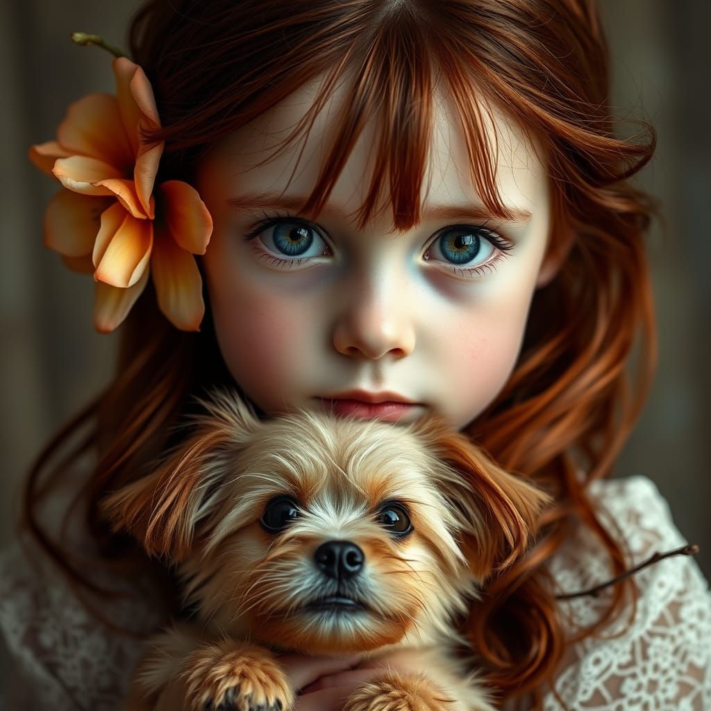 ((portrait of a young girl with large, expressive blue eyes, delicate freckles, and soft, porcelain skin, ...  by @GoingJade