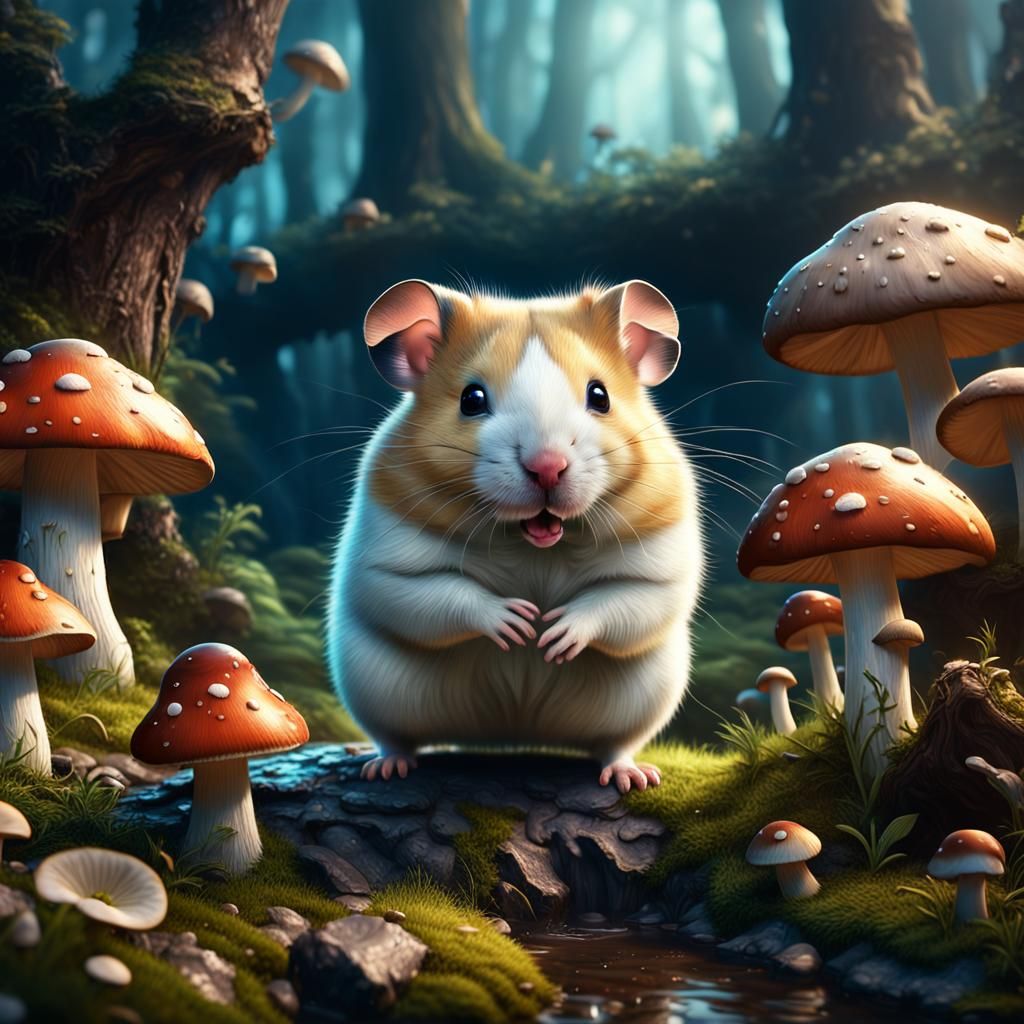 Cute hamster and mushrooms