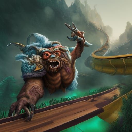 a portrait of the ugliest bugbear riding on a rollercoaster