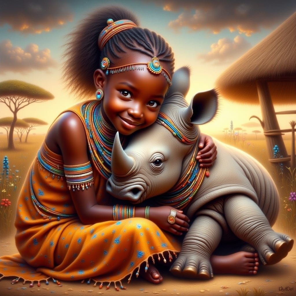 whimsical painterly fantasy artistic painting of a young hyper realistic female African Maasai girl, aged about 8  dressed in traditional at...