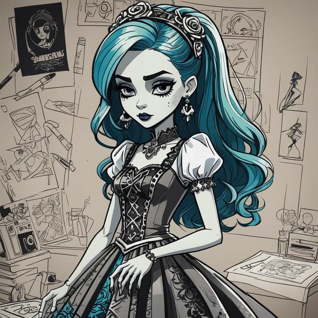 Frankie Stein from monster high designing a dress