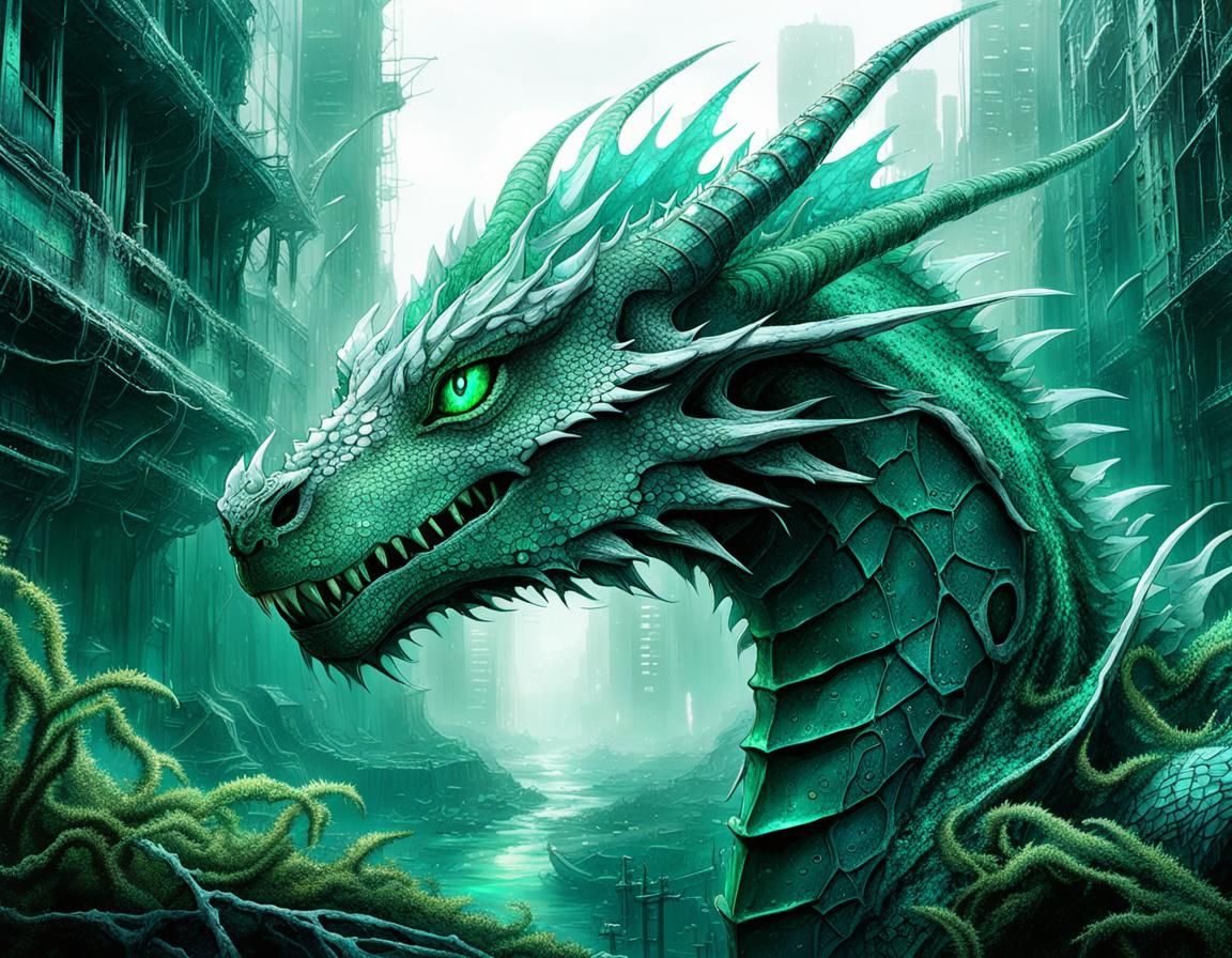 Holographic dragon with piercing green eyes :: Post-apocalyptic scene ...