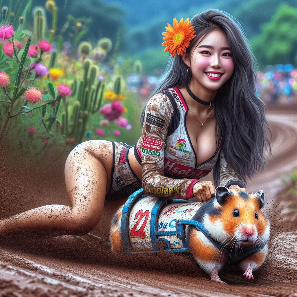 Beautiful lady riding animal at muddy circuit (version 2)