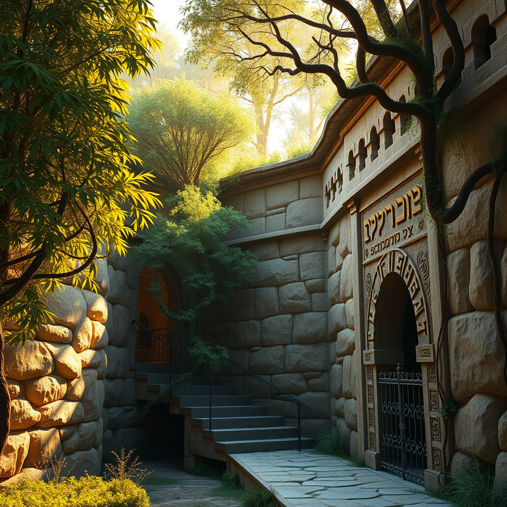 Mystical Yeshiva: Ancient Stone Architecture in Lush Forest