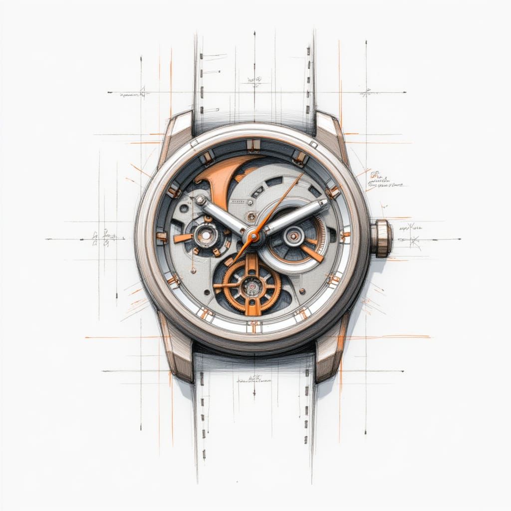 <lora:designsketch:1.0> 
design sketch mechanical wristwatch concept, flatbed-scan look, pure white paper, thin precise pen outlines, warm ...