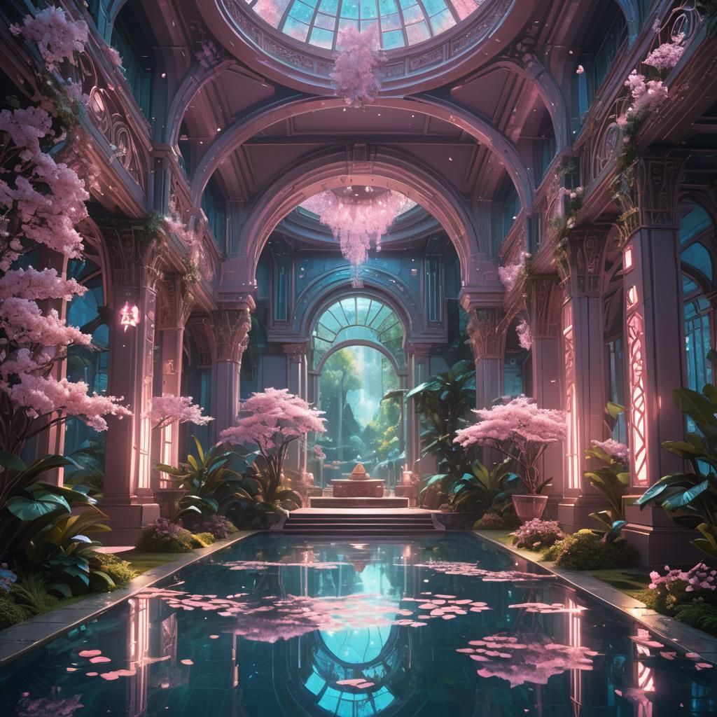 Futuristic Palace Garden with Serene Pool