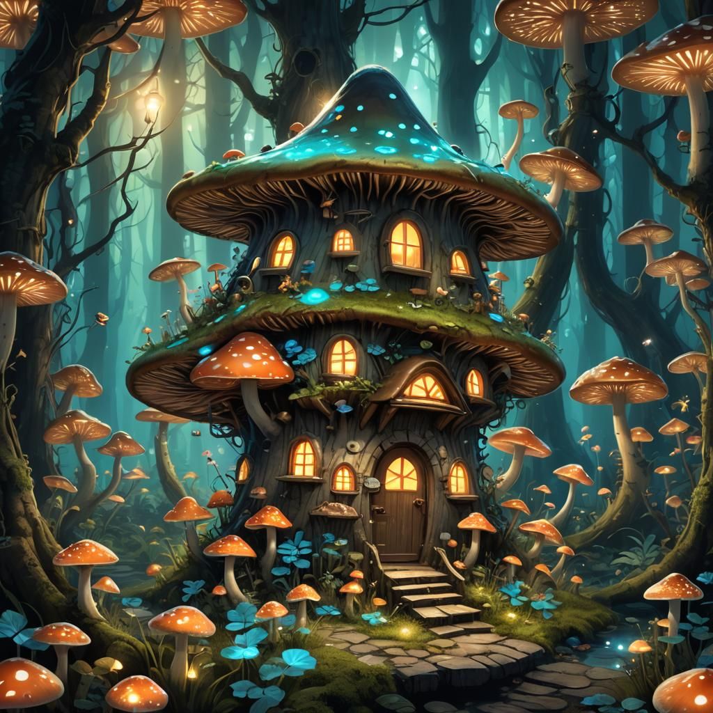 A fairy mushroom house in an enchanted bioluminescent forest...