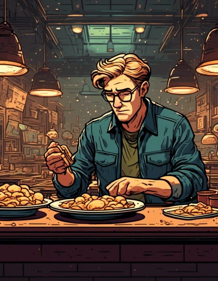 <lora:VectorLineArt:1.0> Fallout Vault Boy eating pierogies