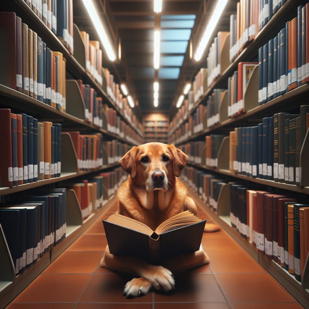 un chien qui lit un livre dans une bibliothèque