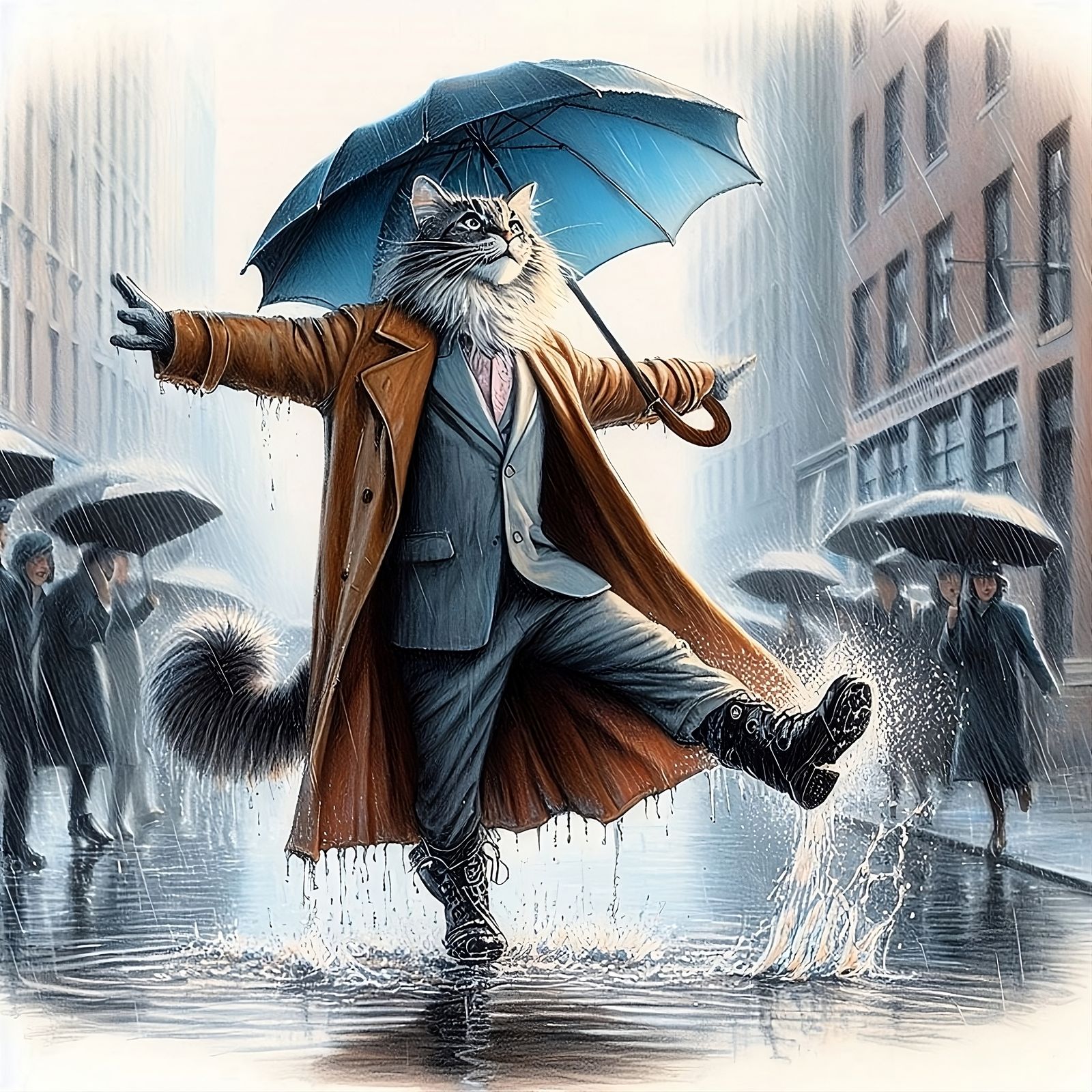 MaineCoon cat singing and dancing in the rain as Gene Kelly,
