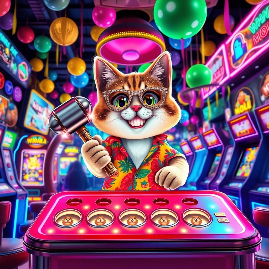 A vibrant 3D cartoon scene of a hyper-enthusiastic kitty character sitting at a Whac-A-Mole game table in a bustling game center, surrounded...